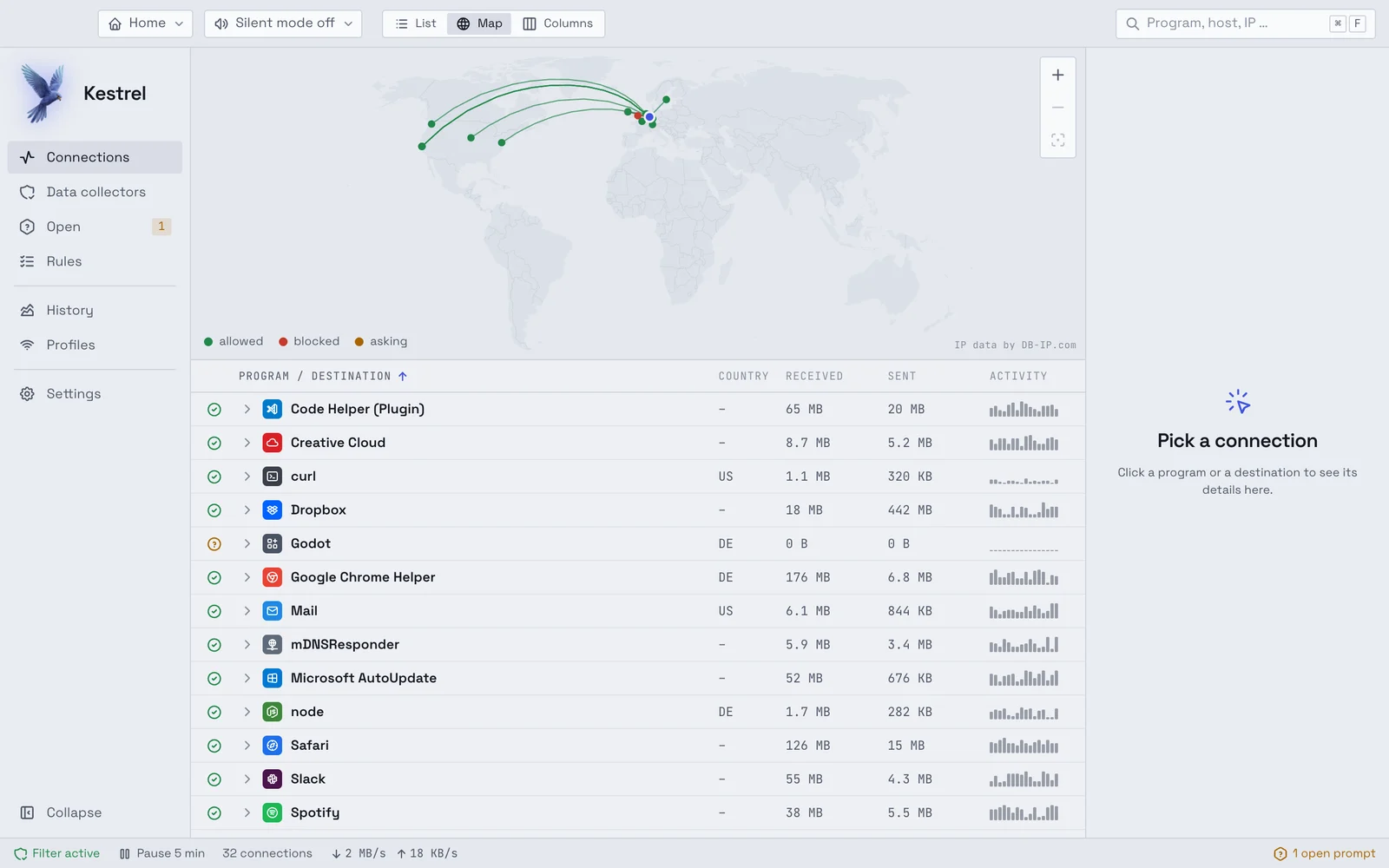The world map above the list of connections, with arcs from Germany to destinations in Europe and North America.