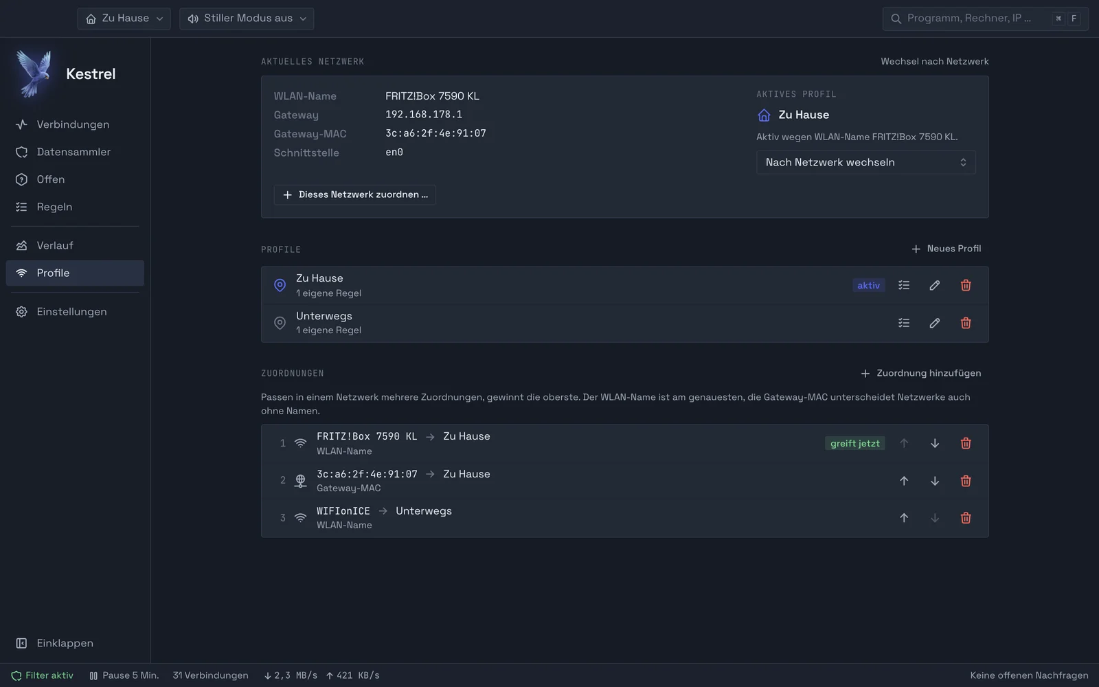 Die Profile: das aktuelle Netzwerk mit WLAN-Name und Gateway, die Profile Zu Hause und Unterwegs und die Zuordnungen von Netzwerken zu Profilen.