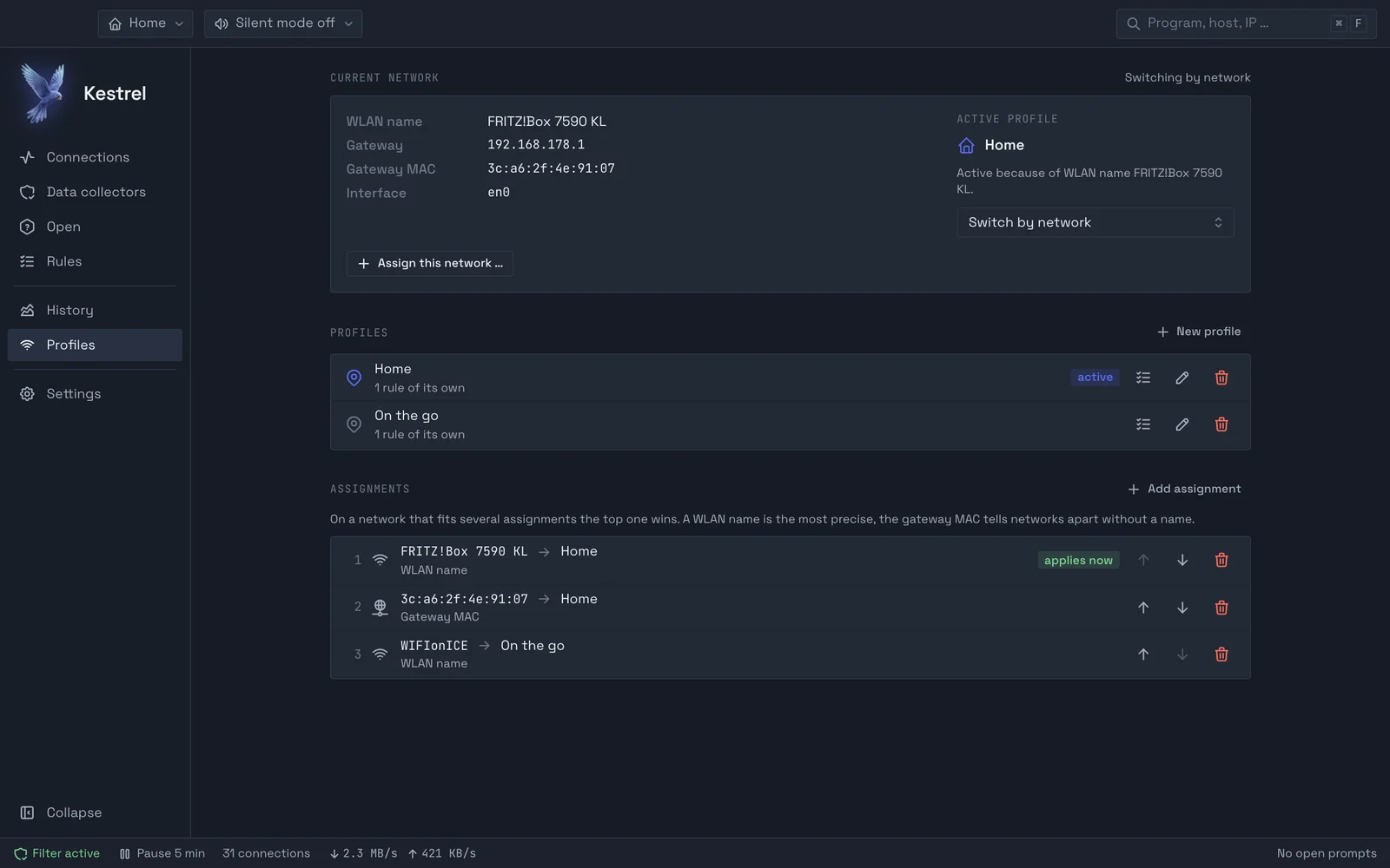 The profiles: the current network with Wi-Fi name and gateway, the profiles Home and On the go, and the assignments of networks to profiles.
