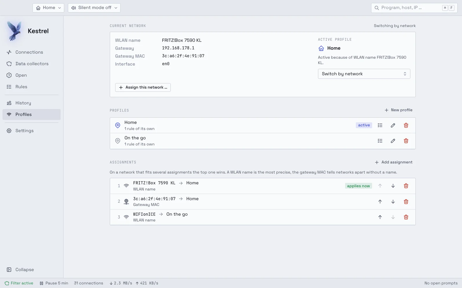 The profiles: the current network with Wi-Fi name and gateway, the profiles Home and On the go, and the assignments of networks to profiles.