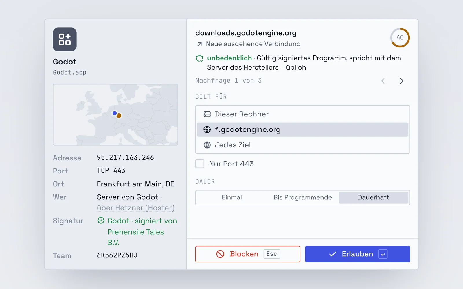 Eine Nachfrage zu Godot: links Programm, Karte, Adresse, Betreiber und Signatur, rechts die Wahl, wofür und wie lange die Antwort gilt, mit den Knöpfen Blocken und Erlauben.