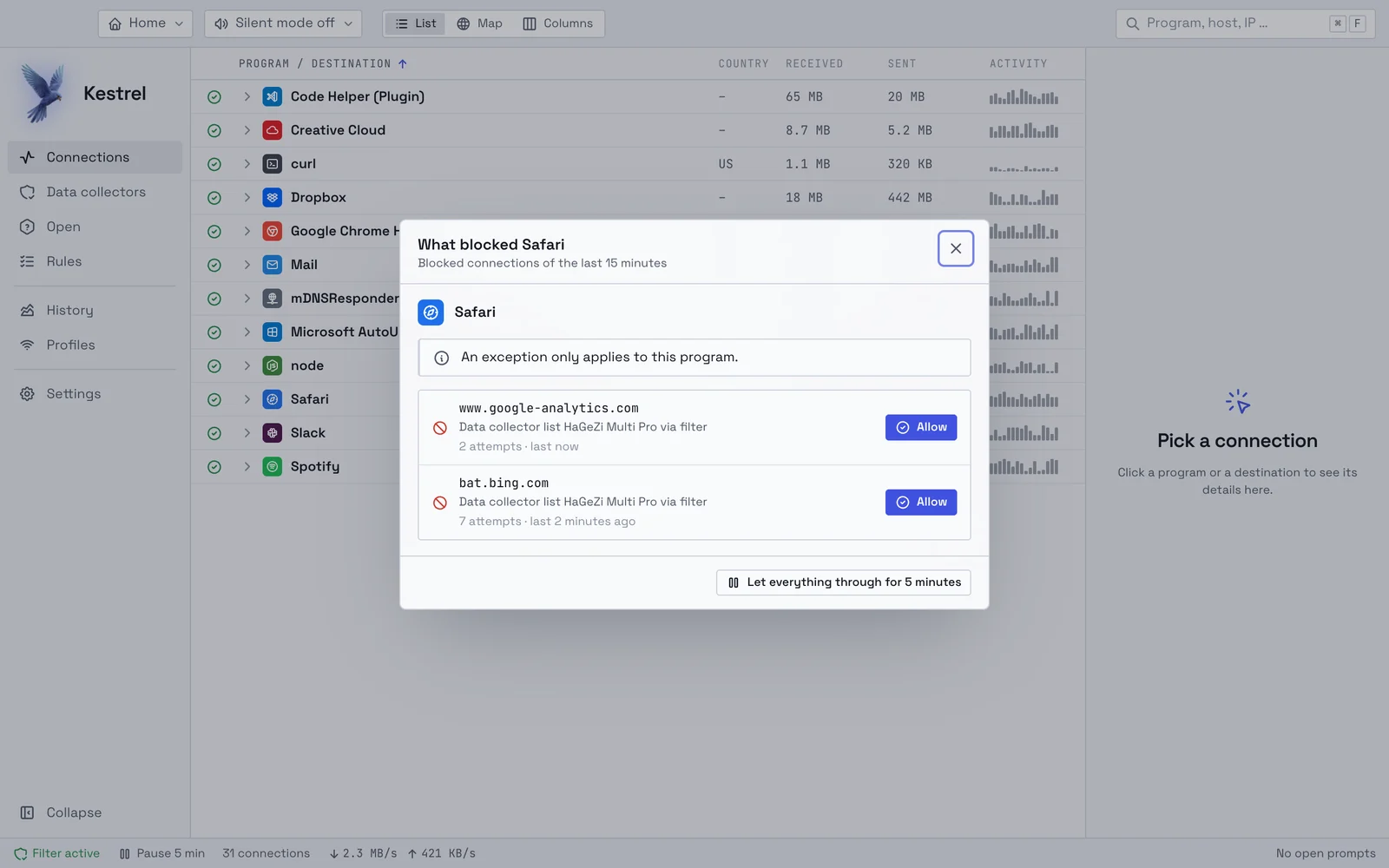 The window “What blocked Safari” with two blocked destinations, an Allow button for each and the button “Let everything through for 5 minutes”.